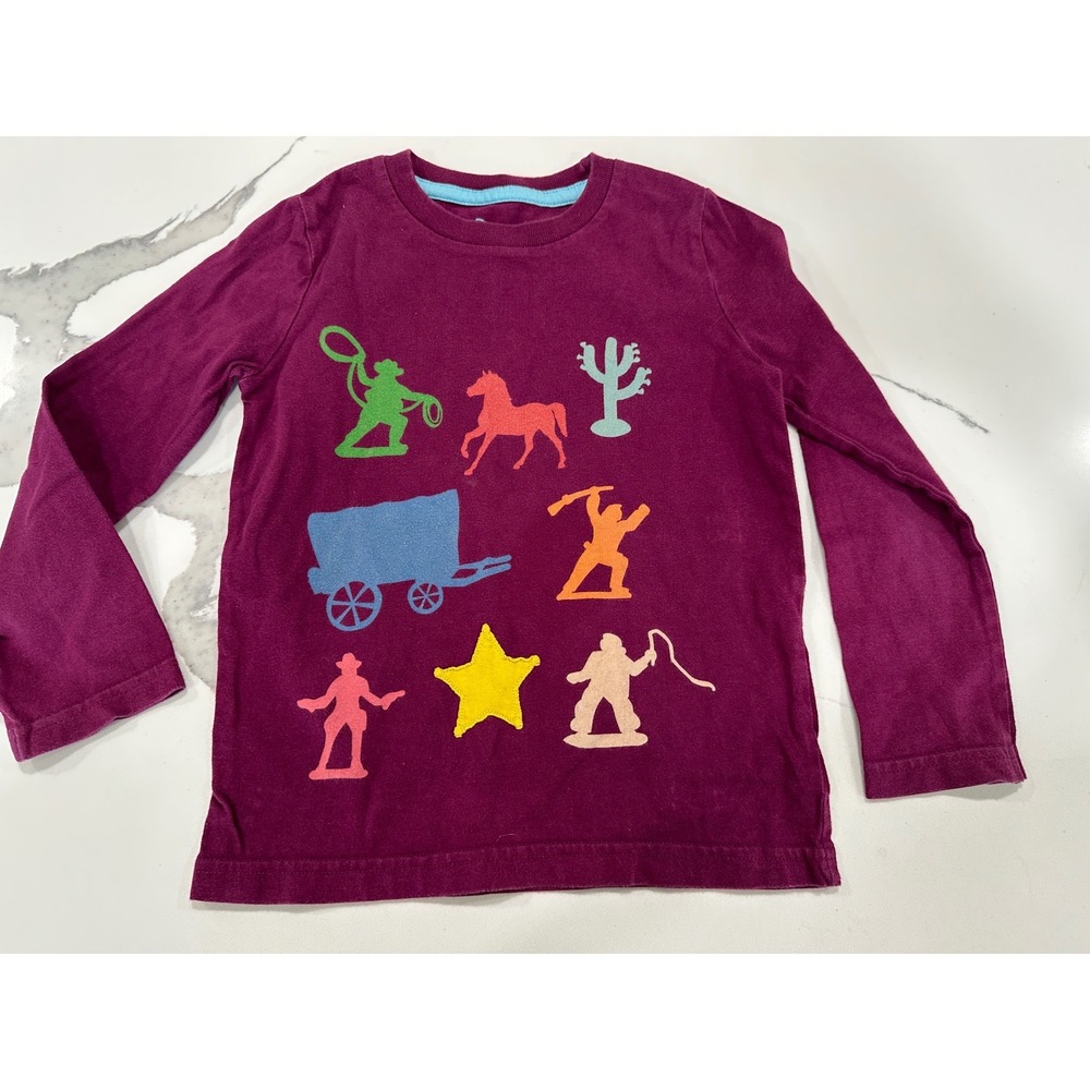 Mini Boden Boys Burgundy Western Cowboy Graphic Long Sleeve T-Shirt Size 3-4Y